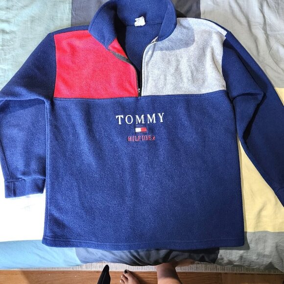 Tommy Hilfiger Fleece Sweater 1/4 Zip Colorblock Blue Red Grey Pullover - Picture 9 of 10